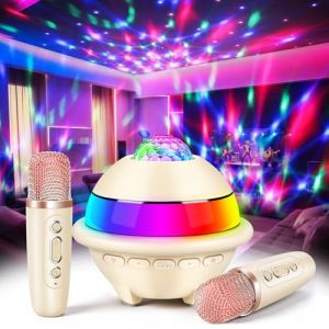 BuntWunder Micro Karaoke Enfant avec Lumineux LED Disco, Enfant Enceinte Karaok&eacute; Portable avec 2 Microphone sans Fil Bluetooth, Micro Enfant pour Chanter, Jouet Cadeau Paques Fille (Blanc Abricot) (Phoenixsystem DreamCold Kft., neuf)
