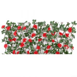Treillis extensible en bois avec fleurs artificielles et feuilles pour décoration de jardin, clôture rétractable (rouge) (FHsport, neuf)