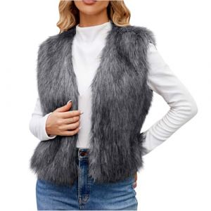 Gilet Court Femme Fausse Fourrure Manteau sans Manches Cardigan Imitation Fourrure Hiver Gilet Femmes Hiver Veste sans Manche Manteau Fausse Fourrure Grand Taille Pas Cher Cadeau Noel (⭐⭐⭐⭐⭐AEGJEGVD⭐⭐⭐⭐⭐, neuf)
