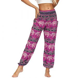 Nuofengkudu Femme Harem Pantalon Sarouel Thaïlandais Hippie Baggy Léger Boho Ethnique Smockée Taille Haute avec Poches Yoga Pants Été Plage (Y-Rose Éléphant,Taille Unique) (better Life, neuf)