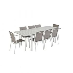 sweeek Alice's Garden - Table de Jardin Extensible Aluminium + 8 assises - Chicago Blanc/Taupe - Table Extensible 175/245cm avec rallonge et 8 assises en textil&egrave;ne (sweeek France, neuf)