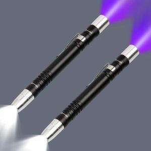 LIAISIMI Torche &agrave; lumi&egrave;re noire UV Torche LED 2-en-1 avec lumi&egrave;re violette et blanche 395nm D&eacute;tecteur d'urine UV pour faux billets de banque et taches d'animaux sur tapis et rideaux (2 Pack) (outdoorFred, neuf)