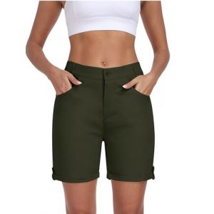 MoFiz Short Cargo Femme Cotton Bermuda Short Trekking Pantalon Randonnée d'été Léger Golf Shorts Vert armée-A XL (MoFiz EU, neuf)