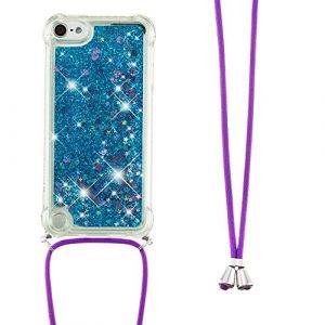 Collier Coque pour iPod Touch 5 / iPod Touch 6/7,Glitter Paillette Brillante Quicksands Liquide Transparente Silicone TPU Case Housse avec Cordon Collier Tour de Cou pour iPod Touch 5,GS Blue Heart (LEMAXELERS, neuf)