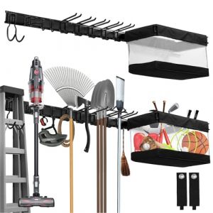 Sinoer Support de rangement d’outils de garage, support d’organisateur d’outils de jardin avec 9 crochets avec 2 sangles et 1 panier en tissu, crochets en métal réglables (Sinoer, neuf)