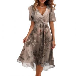Robe de Femme Boheme Fleurie Floral Robe de Plage Bal Soiree Chic et Elegant Mi Longue Femme Robes de Cocktail Femmes Boheme D&eacute;contract&eacute; Respirant Dress Cache Coeur Vintage(Light Brown,Medium) (QU-XINYU, neuf)