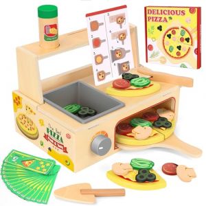 Charmofun Pizza Bois, Aliments Dinette en Bois, Accessoires Cuisine Enfants avec Four de Cuisson et Tabliers, Jouet &Eacute;ducatif Montessori Cadeau pour de Enfants 3 Ans et Plus (Pulsepoint Market Kft., neuf)