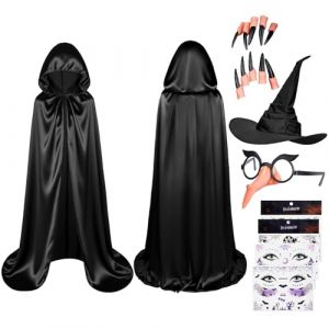 AUYAO Cape &agrave; Capuche Costume Halloween Adulte, Halloween Cape Sorcier Noir avec Chapeau de Sorci&egrave;re/Lunettes de Nez Factices/Faux Ongles, Cape Longue Halloween Unisexe, Carnaval et les F&ecirc;tes (Yadark, neuf)
