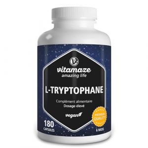 L-Tryptophane 500mg 180 Capsules - Qualit&eacute; du Sommeil + Bonne Humeur - Acide Amin&eacute; Essentiel pur Naturellement Ferment&eacute; -180 G&eacute;lules Vegan - Qualit&eacute; Allemande, sans Gluten et Additifs Inutiles (Vitamaze, neuf)