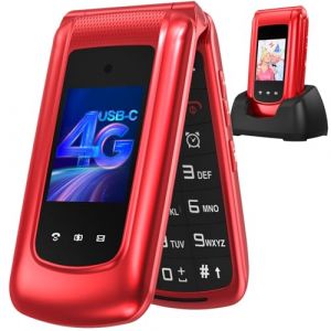 4G Telephone Portable Senior Débloqué, Téléphone Portable à Clapet avec Grandes Touches, Téléphone Portable Personnes âgées, Double SIM,Double Écran 2,4 "+1,77 ", Bouton SOS ,Station de Charge (Rouge) (Unitech-EU, neuf)