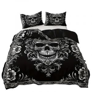 ZZTBQ T&ecirc;te de Mort Housse de Couette 200x200 cm avec 2 Taies d'oreiller 65x65 cm 3D Gothique Cr&acirc;ne - Parure de Lit 200 x 200 cm - Noir Blanc Skull Ensembles de Housses de Couette en Microfibre (ZZTBQ, neuf)