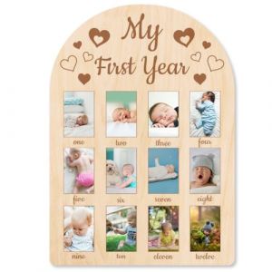 ORIGACH Tableau en bois pour la première année de naissance – Cadre photo de 12 mois pour nouveau-né – Cadre photo neutre pour souvenir de bébé – Décoration de fête d'anniversaire – Cadeau de nouvelle (ORIGACH FR, neuf)
