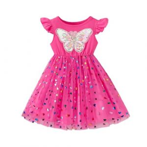 LUVCES Robe de Princesse Fille Manche Longue/Courte à Volants Robe Tutu pour Fête d'anniversaire Paillettes Tulle Robe pour Petites Filles Tenue sans Manches à Paillettes Roses 2-3 Ans (SANYI FASHION, neuf)