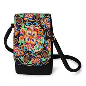 Mini Sac Hippie, Sac à bandoulière Ethnique Boho, Hobo Crossbody-Sac en Toile pour Femme avec Sangle réglable, Petit Sac à Main pour Fille, Porte-Monnaie Vintage brodé Fleur pour téléphone (KirinLife EUDirect, neuf)