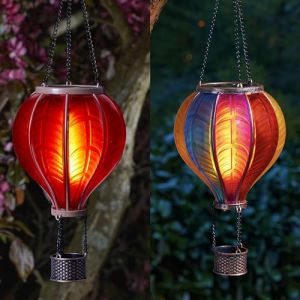 Festive Lights - Lanterne solaire d'extérieur à suspendre à LED en forme de montgolfière – Lumière rouge effet verre teinté avec poignée (rouge + arc-en-ciel) (Festive Lights Ltd, neuf)