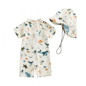 HodJIU Maillot de Bain B&eacute;b&eacute; Gar&ccedil;on Anti-UV Imprim&eacute; Dinosaure &agrave; Manches Courtes Costume de Bain Piscine Plage Surf (Beige + Chapeau, 2-3 Years) (Haikouxunchuanhandianzishangwuyouxiangongsi, neuf)