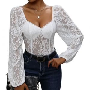 SHEKINI Body Femme El&eacute;gant Body en dentelle Mesh manches longues avec d&eacute;collet&eacute; en forme de c&oelig;ur et manches lanterne Haut transparent Manches bouffantes Chemisier (Yiserka1, neuf)