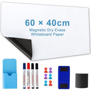 Cinnani Papier Tableau Blanc Magnétique, 60×40cm Adhesif Tableau Blanc Effacable Autocollant avec 4 Stylos Marqueurs, 6 Aimants et Effaceur, pour le Dessin des Enfants, Bureau, L'école, Maison, DIY (Ambrater, neuf)