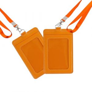 Lot de 2 porte-badges verticaux en cuir synth&eacute;tique avec cordon et 2 emplacements pour cartes, fen&ecirc;tre transparente pour carte d'acc&egrave;s, cartes de cr&eacute;dit, cartes de visite, cartes de travail (orange) (YYX007, neuf)