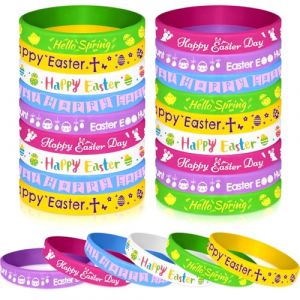 NEBURORA Lot de 24 bracelets en caoutchouc de Pâques en silicone pour lapin, œuf, poussin, fleur, carotte, pour le printemps, les fêtes de Pâques, les paniers, les remplissages d'œufs (Vivid Furmur, neuf)