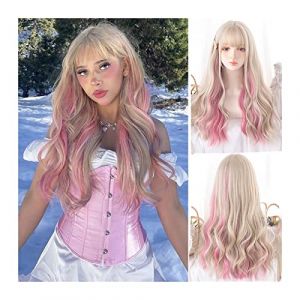 Perruque de Cheveux Perruque fris&eacute;e longue ondul&eacute;e avec frange, reflets blonds perruque fris&eacute;e rose for femmes filles Lolita Cosplay perruque perruque de f&ecirc;te naturelle r&eacute;sistante &agrave; la chaleur Perruqu (yangbieouzhou, neuf)
