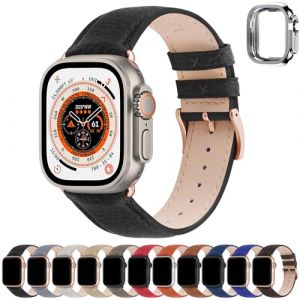 Fullmosa Bracelets en Cuir Véritable 49/45/44/42mm Compatible avec Bracelet Apple Watch Femmes Hommes pour Apple Watch Ultra2/Ultra/SE/SE2 Series 9/8/7/6/5/4/3/2/1 Noir+Or Rose Fermoir (Fullmosa FR, neuf)