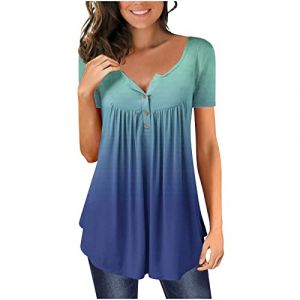 Chic Et &Eacute;l&eacute;gant Chemisier Femme Manches 3/4,T Shirt Imprim&eacute; Fleurs avec Pliss&eacute;,Tee Shirt Col en V Blouse De Boheme Hauts avec Boutons,D&eacute;contract&eacute;e Tunique &Eacute;t&eacute; Plage Travail Tunique Tops (Wyongtao❖, neuf)