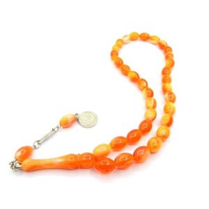 Perlin Tesbih Tasbih Tespih Misbaha Subha 33 Chapelet musulman islamique avec perles de pri&egrave;re ethnique Orange et blanc 12 mm Forme ovale (Perlinshop, neuf)