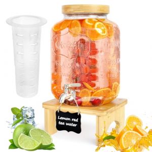 Distributeur de boisson de 7,6 l avec support en verre avec robinet en acier inoxydable massif pour jus glac&eacute;s, eau, boissons faites maison, f&ecirc;tes, mariages (Catalpa Blume, neuf)