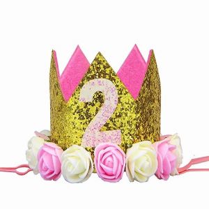 MINGZE Bandeaux Couronne Anniversaire, Bébé Fête Anniversaire Princesse Bandeau de Cheveux Topper Chiffre Fleur Rose Enfants Filles ou Garçons Golden Crown Couronne 1-3 an (2) (MINGZE, neuf)