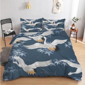 Housse de Couette 140x200 Japonais Grue Parure de Lit 1 Personne Réversible pour Lit 90x190, Housse Couette Imprimée en Microfibre et 2 Taie d'oreiller 65x65 cm avec Fermeture Éclair (Gengl, neuf)