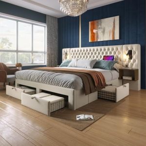 Lit 180x200 avec Sommier LED et USB, Lit Coffre 180x200 avec 4 Tiroirs 2 Tables de Chevet et Tete de Lit, Lit Double avec à Lattes, Lit 2 Personnes Lit Rembourré Cadre de lit 180x200(Sans Matelas) (ZEYNEP OZTURK LIMITED, neuf)