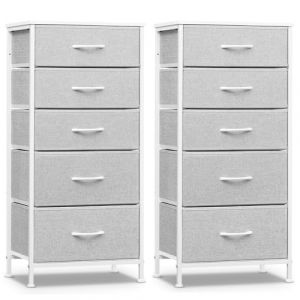 WOLTU Commode, Meuble de Rangement, Lot de 2, Chiffonnier avec 5 Tiroirs en Tissu, Armoire, en MDF Cadre en métal, Gris Tourterelle + Blanc Nuage, SSK004hgws-2 (WOLTU GmbH, neuf)