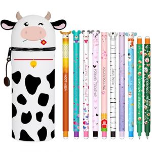 HTGWCG Lot de stylos gel effa&ccedil;ables + Trousse Ecole 2 en1 en Silicone, Erasable Ink Pens avec encre effa&ccedil;able thermosensible, 0,7 mm, design d'animaux (Vache +10 stylo effa&ccedil;able) (ShenZhenShiHongAnZhiNengKeJiYouXianGongSi, neuf)