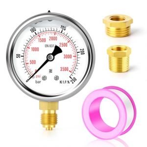 ERGAOBOY 0-250 bars/0-3500 PSI Manom&egrave;tre &agrave; liquide en acier inoxydable 1/4" BSP 2,5" FACE DIAL, montage inf&eacute;rieur avec douilles hexagonales en laiton 3/8" x 1/4" et 1/2" x 1/4" WOG Eau Huile Air (ZHIDE-FR, neuf)