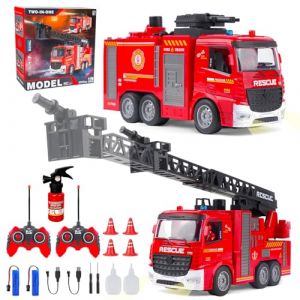 2 Camion Pompier Enfant, Voiture Pompiers Telecommand&eacute; avec Pulv&eacute;risation d'eau Lumi&egrave;re, &Eacute;chelle Pivotante, Son Fonction et Pompiers, 2,4GHz Camion Pompier Enfant de 6-12 Ans (Textile knot OU, neuf)