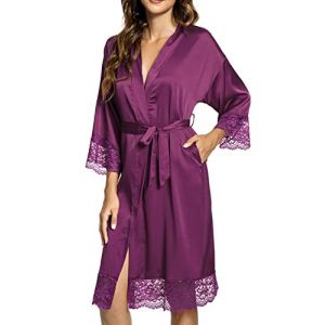 Tuopuda Kimono Femme Peignoir de Bain Bridesmaid Robe de Chambre Bride Sortie de Bain Mariage Chemise de Nuit Nuisette Pyjama avec Ceinture V&ecirc;tements de Nuit Dentelle, Violet, XL (GHF-Direct, neuf)