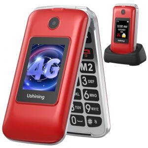 USHINING 4G Téléphone Portable Senior Débloqué, Téléphone Portable à Clapet avec Grandes Touches Double Écran 2,8 et 1,77 Pouces Bouton SOS Station de Charge, Téléphone Portable Personnes âgées, Rouge (Wemat, neuf)