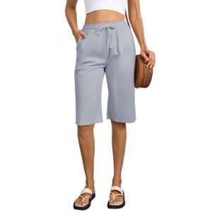 Zhiaek Short Long Femme Ete Fluide Bermuda Taille Elastique Short Femme Coton Leger Taille Haute Pantalon Court Pantalon de Plage avec Poches Gris Clair S (Zilams, neuf)