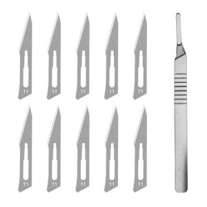 Lame Stérile En Acier Au Carbone,Lot De 10 Lames De Scalpel 11# En Acier Carbone - Lames De Rechange Emballées Individuellement Stériles + 1 X Manche De Scalpel # 3 En Acier Inoxydable (UP LII, neuf)