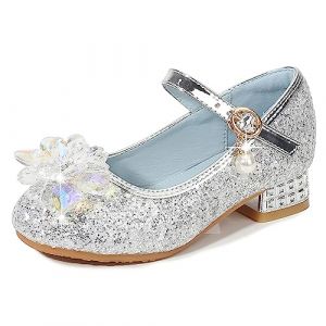 Eleasica Fille Chaussures de Princesse Elsa Reine des Neiges Chaussures pour D&eacute;guisement Cadeau Soir&eacute;e Mariage No&euml;l Carnaval Sandales &agrave; Talon Haut Bout Ferm&eacute; Cendrillon,Argent&eacute;,28 (Eleasica, neuf)