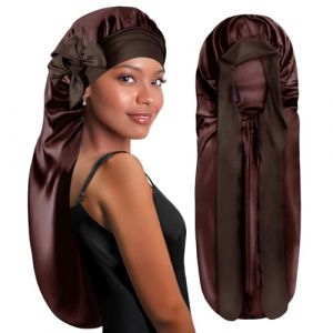 BONNET QUEEN Bonnet Satin Cheveux Nuit Long pour Dormir, Bonnet en Satin pour Cheveux Charlotte Locks Boucl&eacute;s, Ajustable avec Long Elastique pour Femmes et Hommes, Chocolat (Bonnet Queen Beauty, neuf)