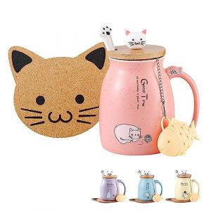 BigNoseDeer Adorable tasse &agrave; caf&eacute; en c&eacute;ramique avec joli couvercle d&eacute;cor&eacute; d&rsquo;un chat, cuill&egrave;re en forme de patte de chat, sous-tasse kawaii, tasse fantaisie matinale pour th&eacute;, lait, No&euml;l, 380 ml (Topbino, neuf)