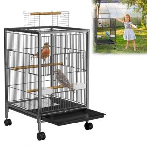 ORHEYA Cage &agrave; oiseaux &agrave; roulettes - Voli&egrave;re pour perruches, perroquets et perruches - Cage &agrave; perruches avec poteaux en bois et mangeoires - Mangeoire &agrave; oiseaux type D (Zandamin, neuf)