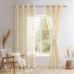 DWCN Lot de 2 Rideaux Voilages à Oeillets pour Fenêtre, Rideau Transparents avec Embrasses pour Salon Chambre d'enfant, Beige, 140x240cm (Largeur x Hauteur) (DWCN EU, neuf)