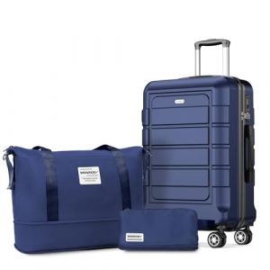SHOWKOO Valise Rigide Cabine 55cm L&eacute;g&egrave;re PC+ABS Durable Petite Valise Soute 23kg Trolley Voyage avec Trousse de Toilette et Sacs de Voyage, Bleu (USA Travels, neuf)