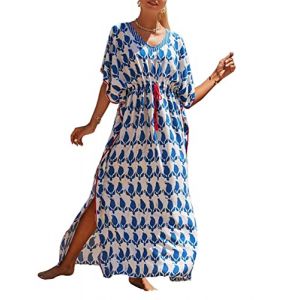Bsubseach Robe de Plage Femme Tunique Caftan Grande Taille Kaftan Boh&egrave;me Maxi Longue Djellaba Et&eacute; Bleu Blanc (Bsubseach-EU, neuf)