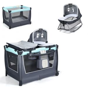 GOPLUS Lit Parapluie, Lit Bébé Pliable en Tissu Oxford avec Frein et Accessoires-Table à Langer, Panier, Jouets, Centre Musical et Sac de Transport pour Bébé 0-36 Mois, Vert (Augenstern24, neuf)