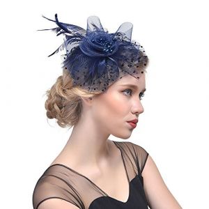 Bandeau à fleurs pour cocktail avec rubans et plumes - Chapeau de thé en maille - Fournitures de mariage - Bandeau de course à pied (bleu marine, taille unique) (WUDATI, neuf)