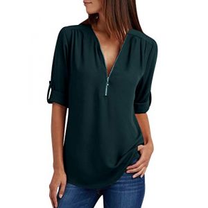 Chemisier Femme Manche Longue Blouse Col V Zipp&eacute;e Chemise Mousseline de Soie Manches Longues Femme Cintr&eacute;e Fluide Chemisiers Habill&eacute; Travail Chics Femmes Cintr&eacute; Blouses Haut Top Legere Vert Fonc&eacute; L (Pengniao, neuf)